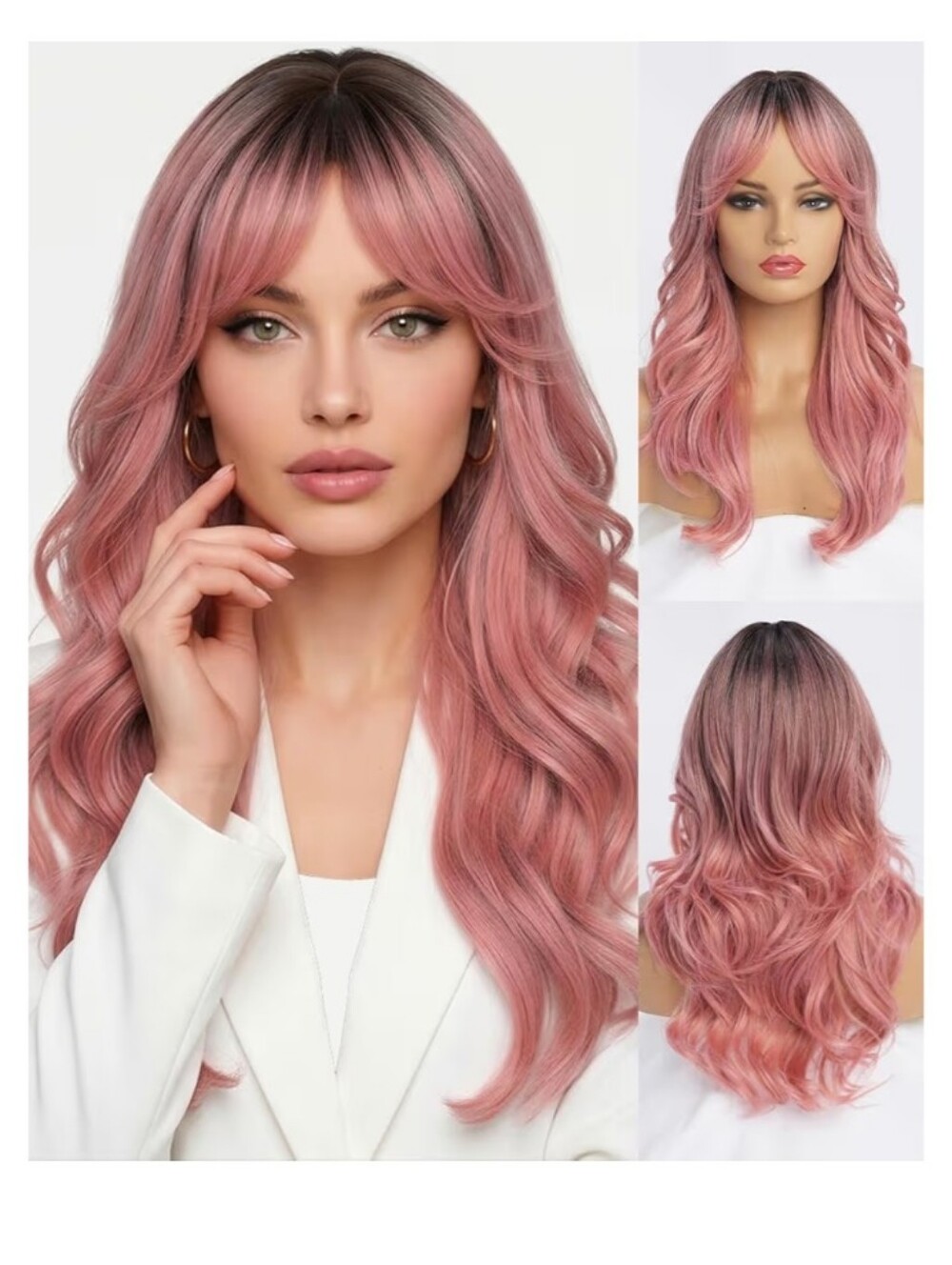 Ombre Pink Wavy Wig with Curtain Bangs 26 Inch